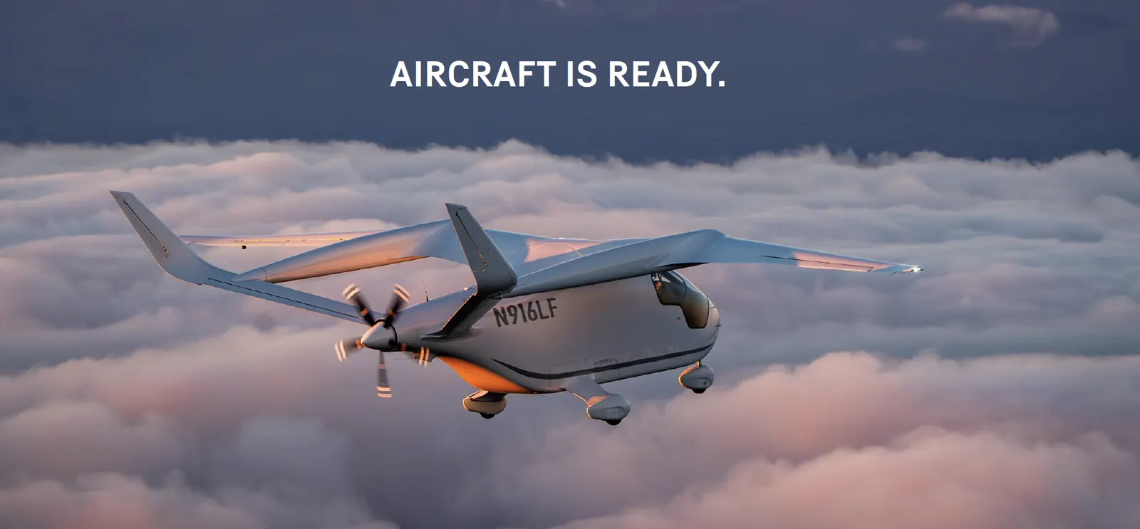 Aircraft is ready. BETA electric aircraft flying above the clouds