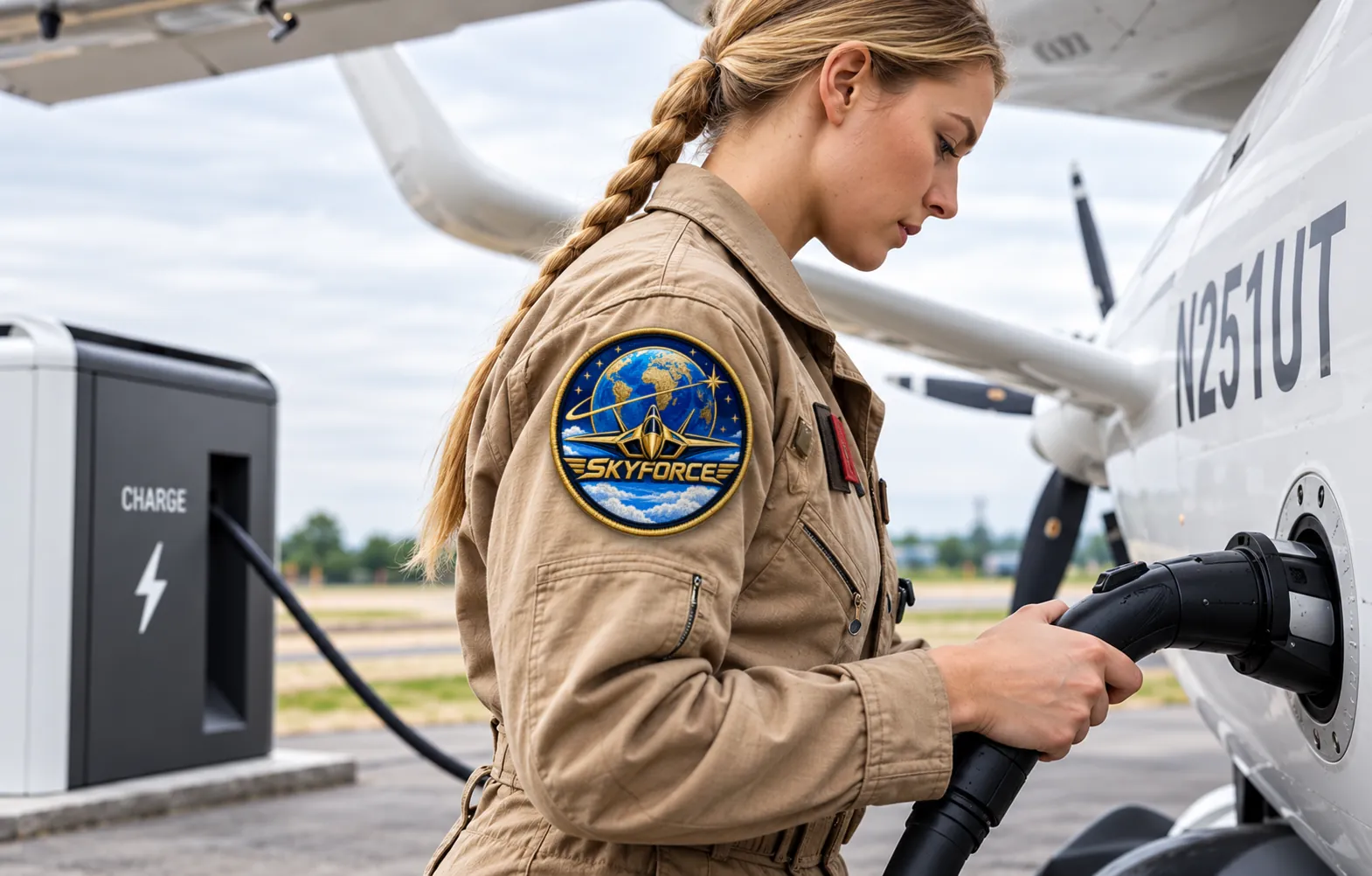 SkyForce technician connecting a charger to a BETA electric aircraft
