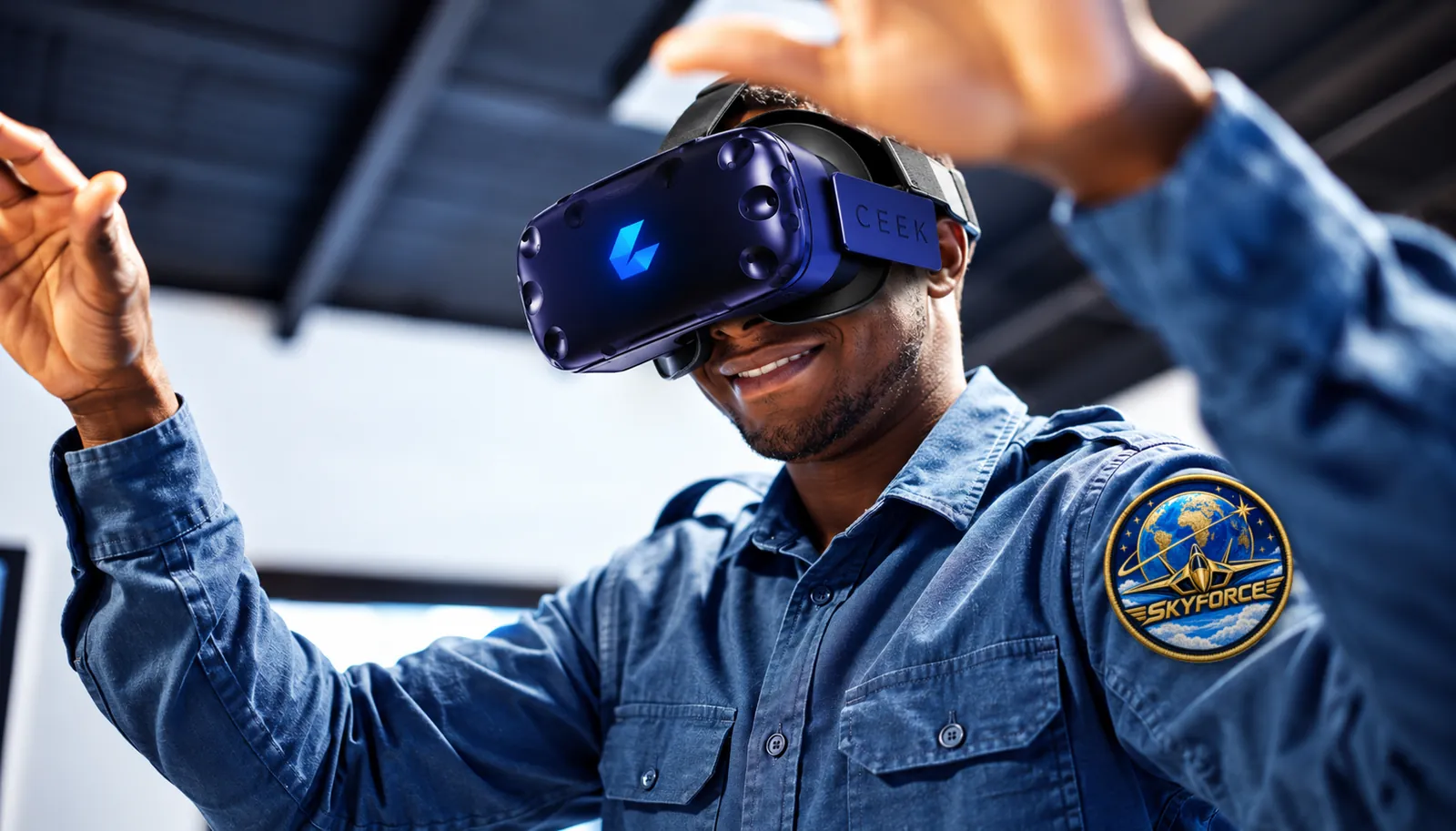 SkyForce maintenance technician training in a CEEK VR headset